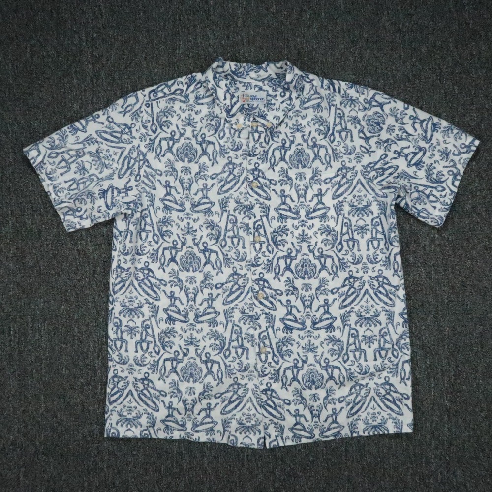 Reyn Spooner Shirt Youth Large White Blue Hawaiian Surf Paddle Board Inside Out